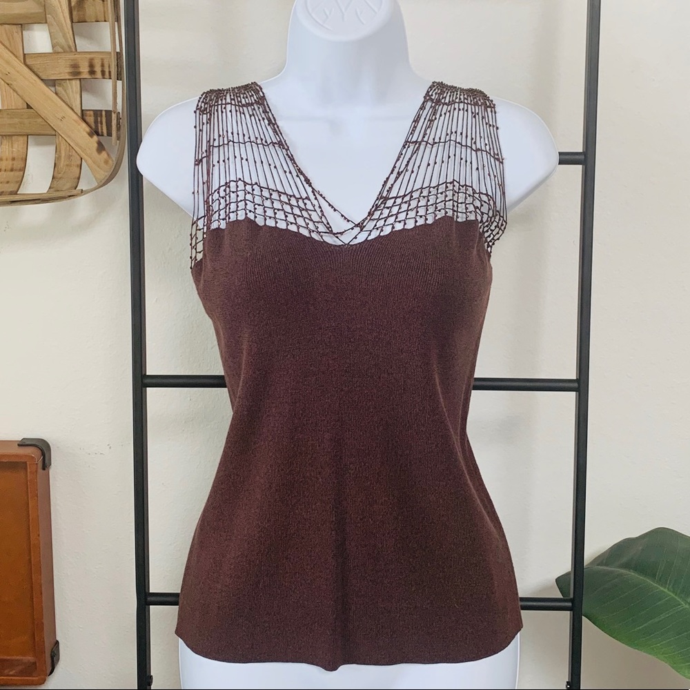 BCBGMAXAZRIA Brown Beaded Tank